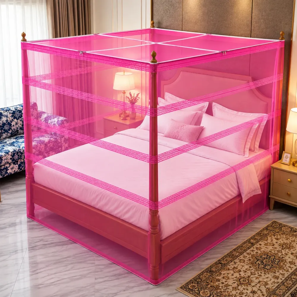 Premium Box Mosquito Net 6×7 ft with Lace – Hot Pink