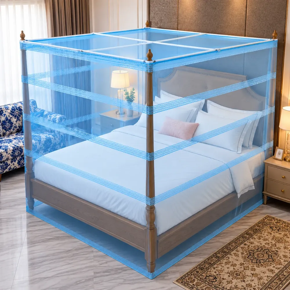 Premium Mosquito Net with Decorative Lace Design - Sky Blue