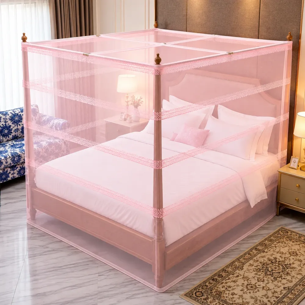 Premium Box Mosquito Net 6×7 ft with Lace – Light Pink