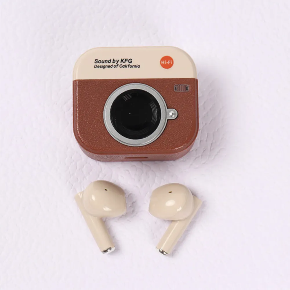 Q86 Wireless Earbuds with Digital Display – Retro Camera Style